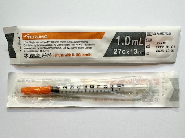 Terumo 1ml syringe - permanent 27 gauge needle